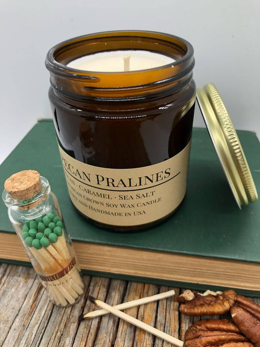 Pecan Pralines Soy Wax Candle | 9 oz Amber Apothecary Jar - Prairie Fire Candles