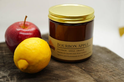 Bourbon Apple Soy Wax Candle | 16 oz Double Wick Amber Apothecary Jar Candle - Prairie Fire Candles