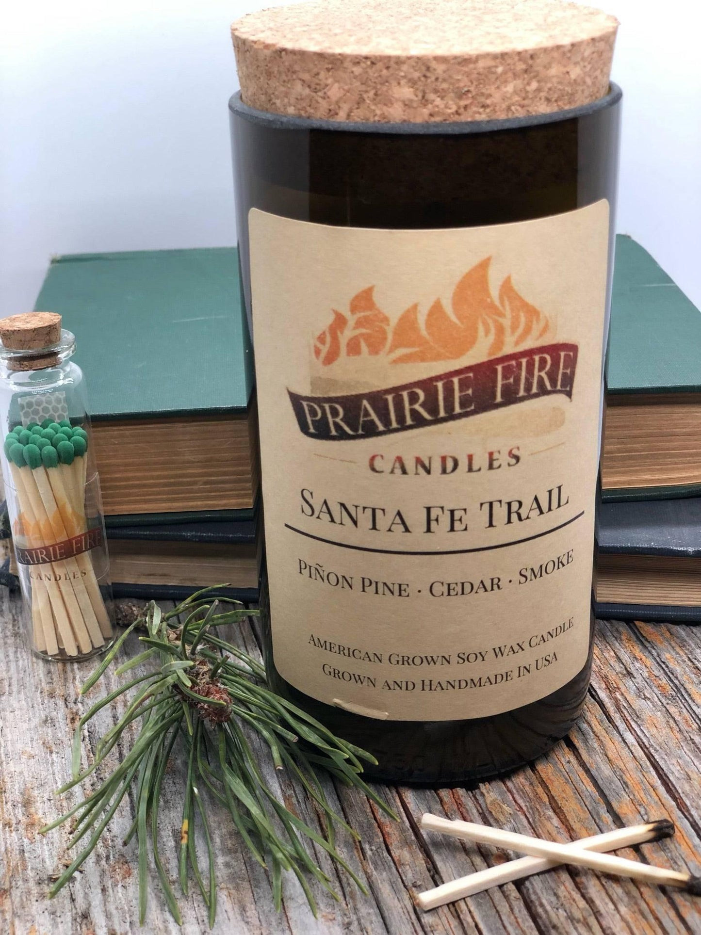 Santa Fe Trail Soy Wax Candle | Repurposed Wine Bottle Candle Natural Cork | Handmade in USA Candle | Eco-Friendly Candle | Non-Toxic Soy Candle - Prairie Fire Candles