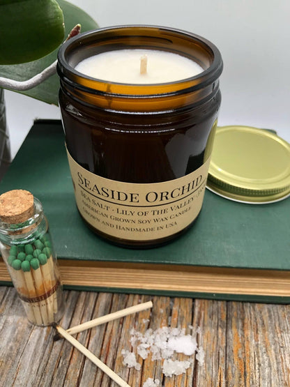 Seaside Orchid Soy Wax Candle | 9 oz Amber Apothecary Jar - Prairie Fire Candles