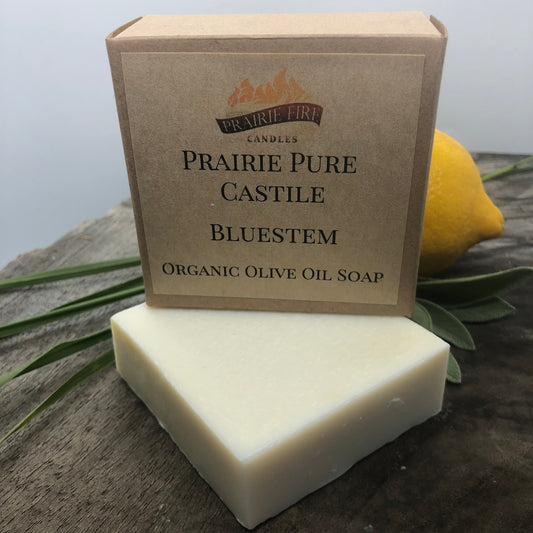 Bluestem Real Castile Organic Olive Oil Soap for Sensitive Skin - Dye Free - 100% Certified Organic Extra Virgin Olive Oil - Prairie Fire Candles