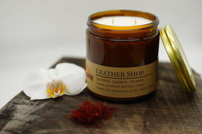 Leather Shop Soy Wax Candle | 16 oz Double Wick Amber Apothecary Jar - Prairie Fire Candles