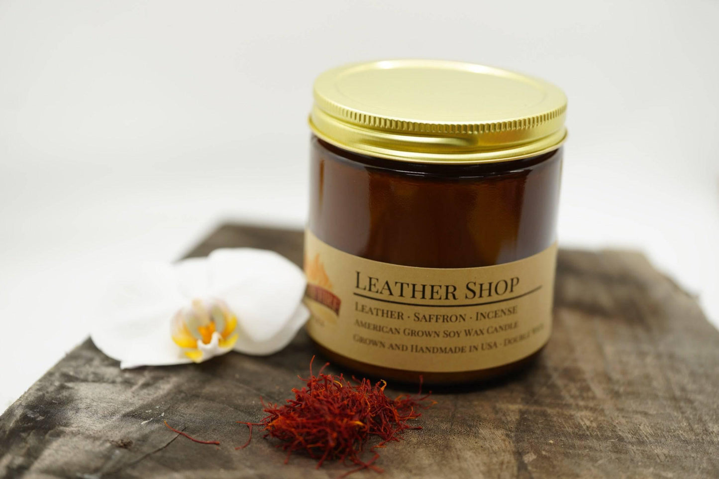Leather Shop Soy Wax Candle | 16 oz Double Wick Amber Apothecary Jar - Prairie Fire Candles