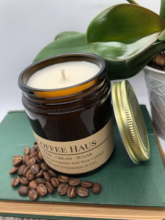 Coffee Haus Soy Wax Candle | 9 oz Amber Apothecary Jar - Prairie Fire Candles