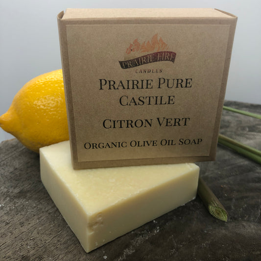 Citron Vert Real Castile Organic Olive Oil Soap for Sensitive Skin - Dye Free - 100% Certified Organic Extra Virgin Olive Oil - Prairie Fire Candles
