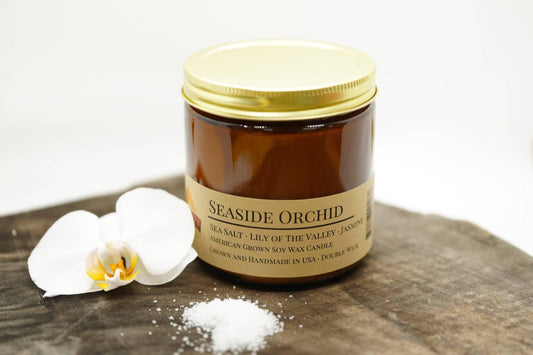 Seaside Orchid Soy Wax Candle | 16 oz Double Wick Amber Apothecary Jar - Prairie Fire Candles