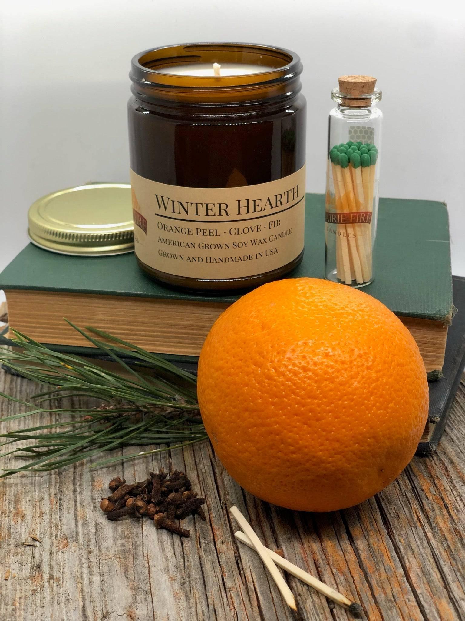 Winter Hearth Soy Wax Candle | 9 oz Amber Apothecary Jar - Prairie Fire Candles
