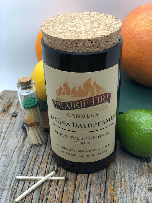 Havana Daydreamin' Soy Wax Candle | Repurposed Wine Bottle Candle Natural Cork | Handmade in USA Candle | Eco-Friendly Candle | Non-Toxic Soy Candle - Prairie Fire Candles