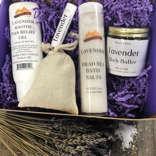 Lavender Lovers Soothe Pain Gel Luxury Gift Set Box - Kansas Gift Basket - Prairie Fire Candles