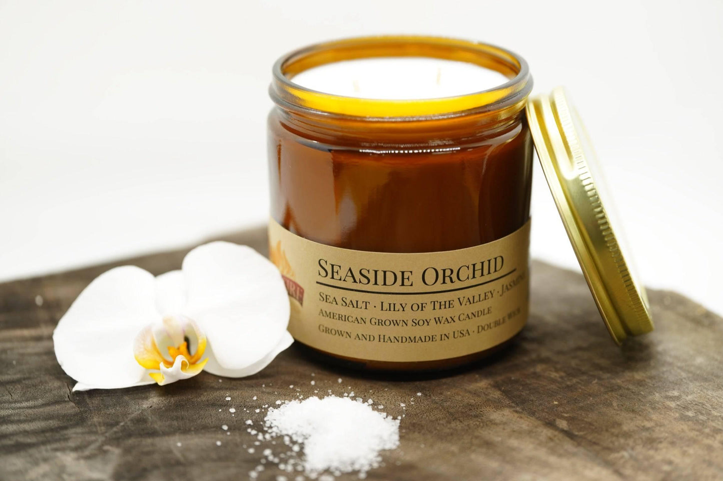 Seaside Orchid Soy Wax Candle | 16 oz Double Wick Amber Apothecary Jar - Prairie Fire Candles