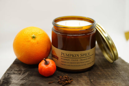 Pumpkin Spice Soy Wax Candle | 16 oz Double Wick Amber Apothecary Jar - Prairie Fire Candles