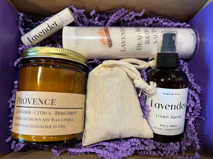 Lavender Lovers Candle Relaxation Luxury Gift Set Box - Kansas Gift Basket - Prairie Fire Candles