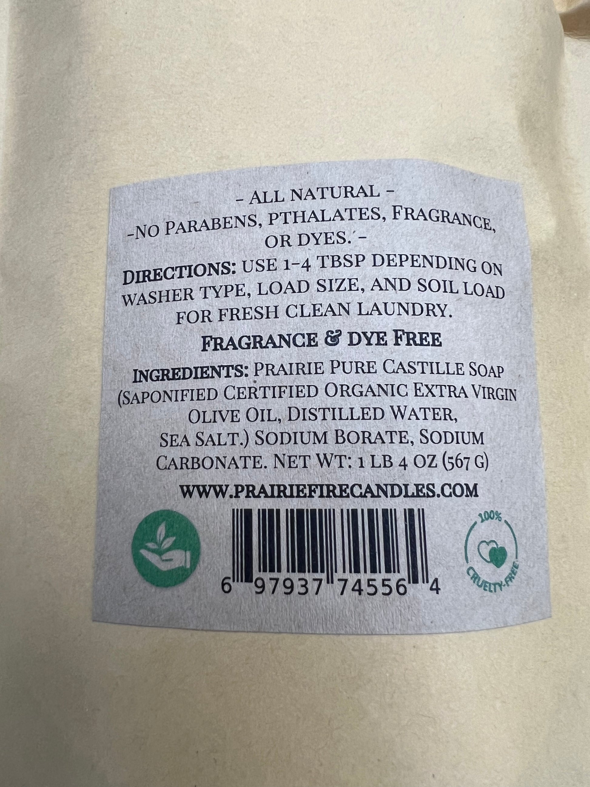 Prairie Pure Castile Organic Olive Oil Laundry Powder - Net Wt: 2 lb 8 oz (1.134 kg) - Fragrance Dye Free Sensitive Skin Soap - Prairie Fire Candles