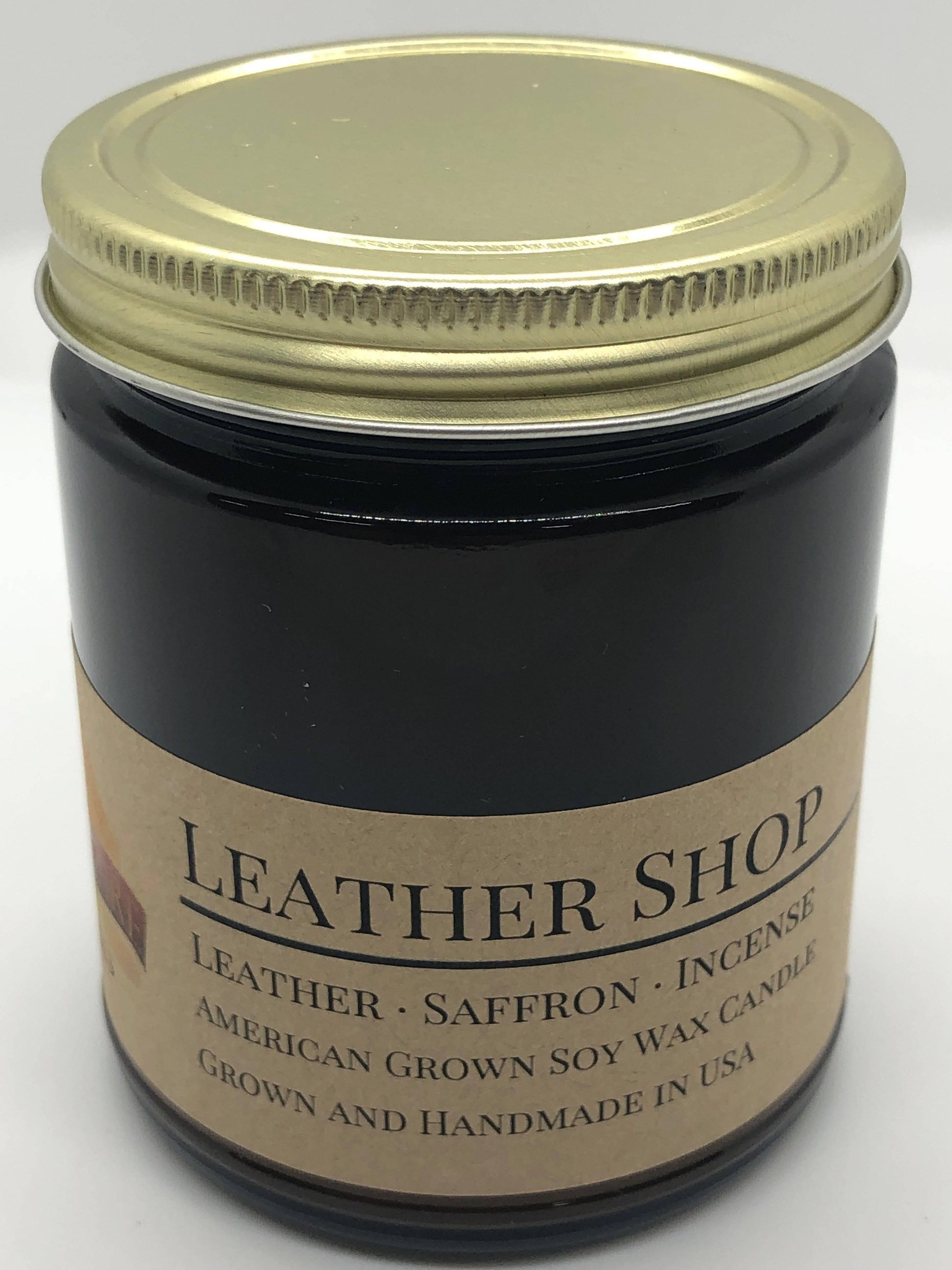 Leather Shop Soy Wax Candle | 9 oz Amber Apothecary Jar - Prairie Fire Candles