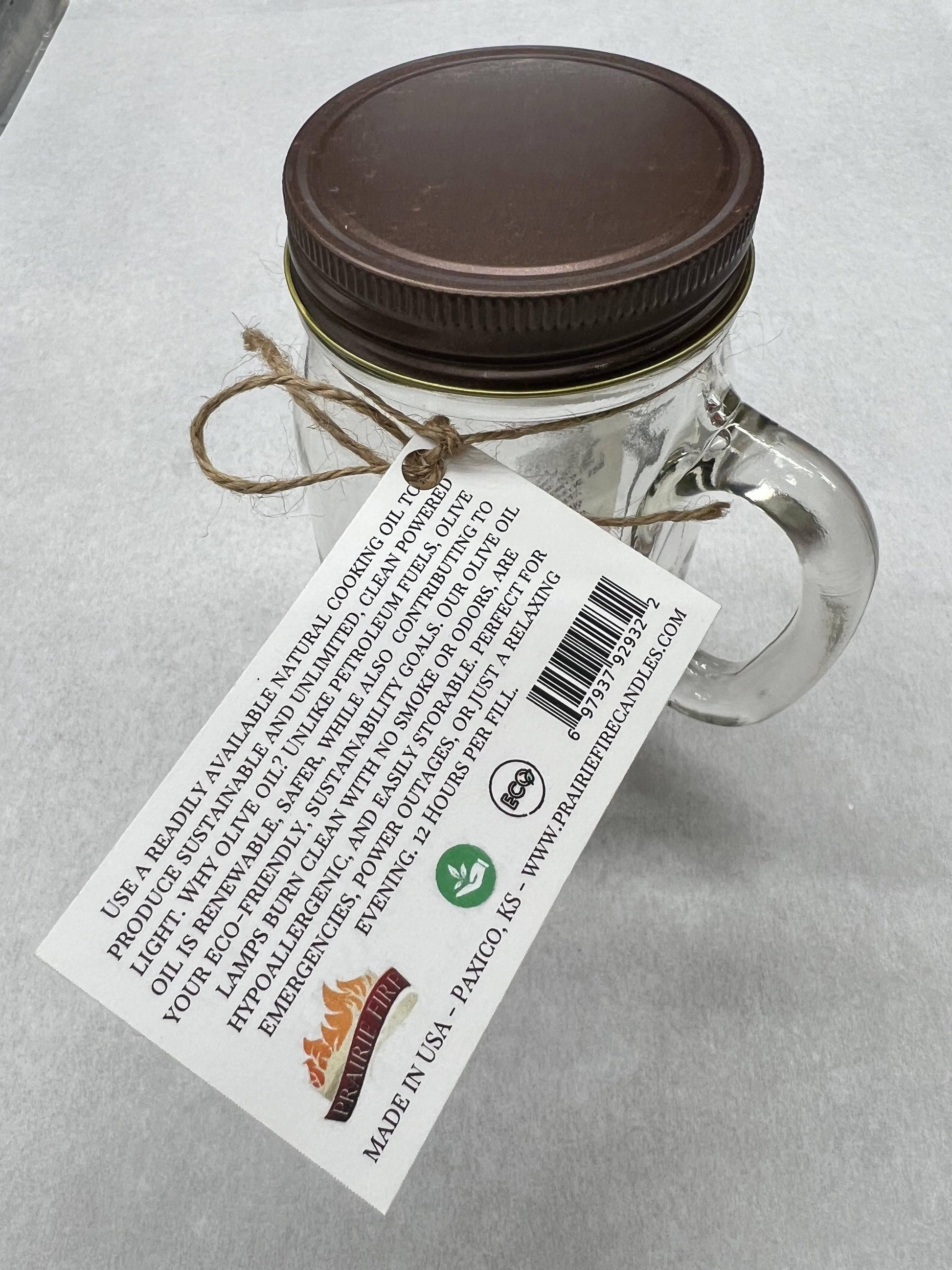 Olive Oil Candle Lamp - Handle Mason Jar - Emergency Backup - Power Outage - Prairie Fire Candles
