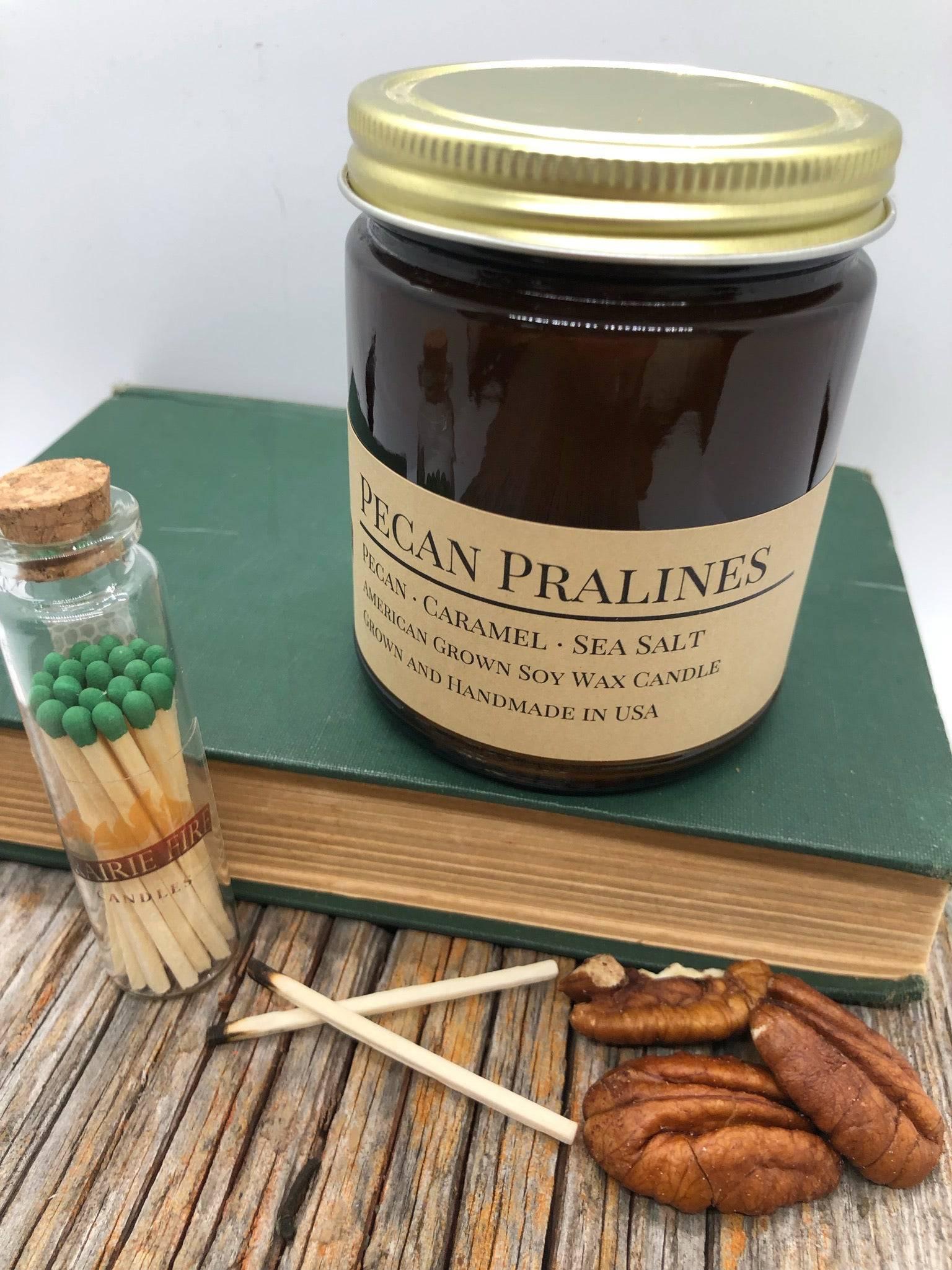 Pecan Pralines Soy Wax Candle | 9 oz Amber Apothecary Jar - Prairie Fire Candles