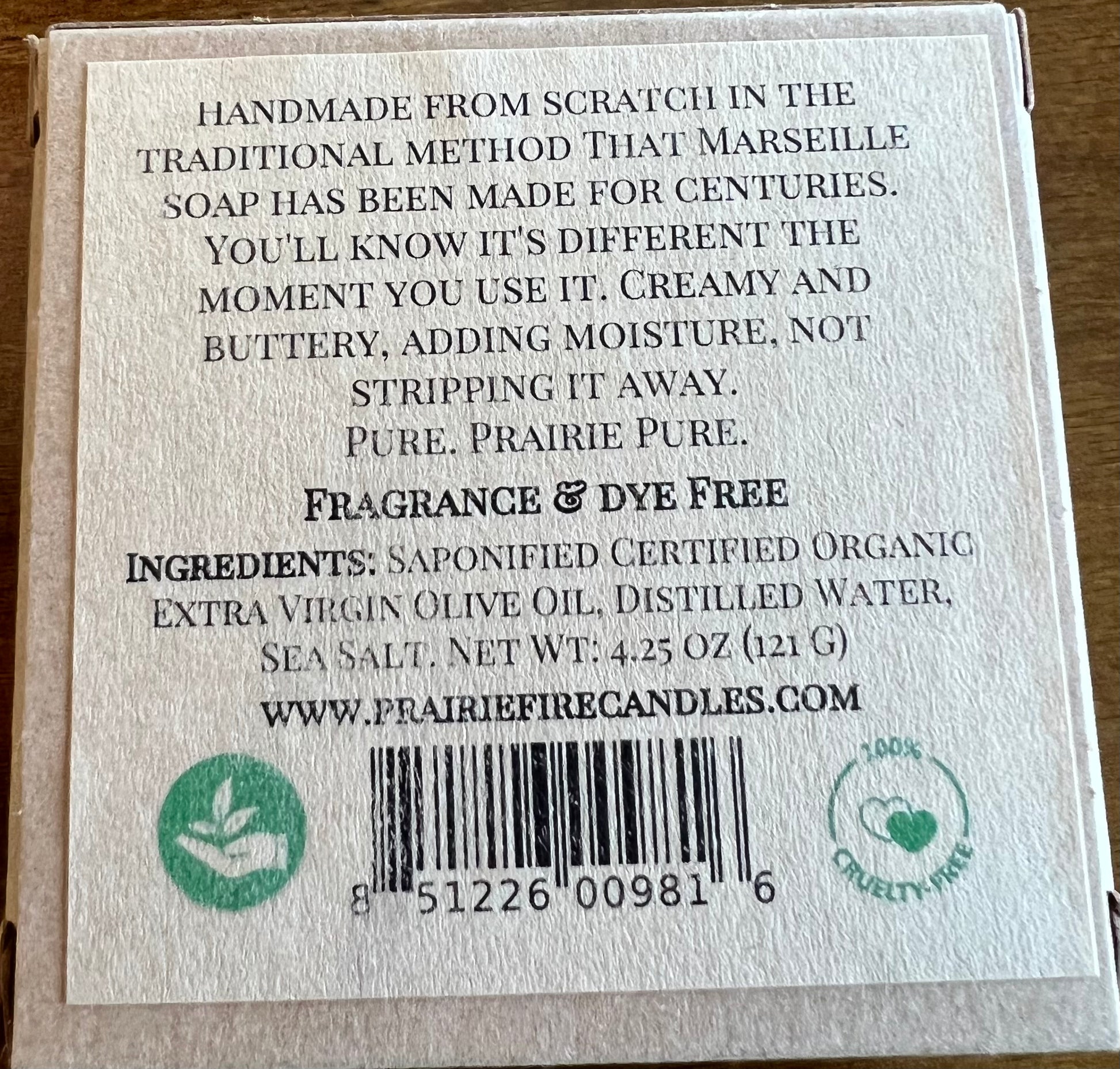 Pure Real  Castile Organic Olive Oil Soap for Sensitive Skin - Fragrance Free and Dye Free - 100% Certified Organic Extra Virgin Olive Oil - Prairie Fire Candles