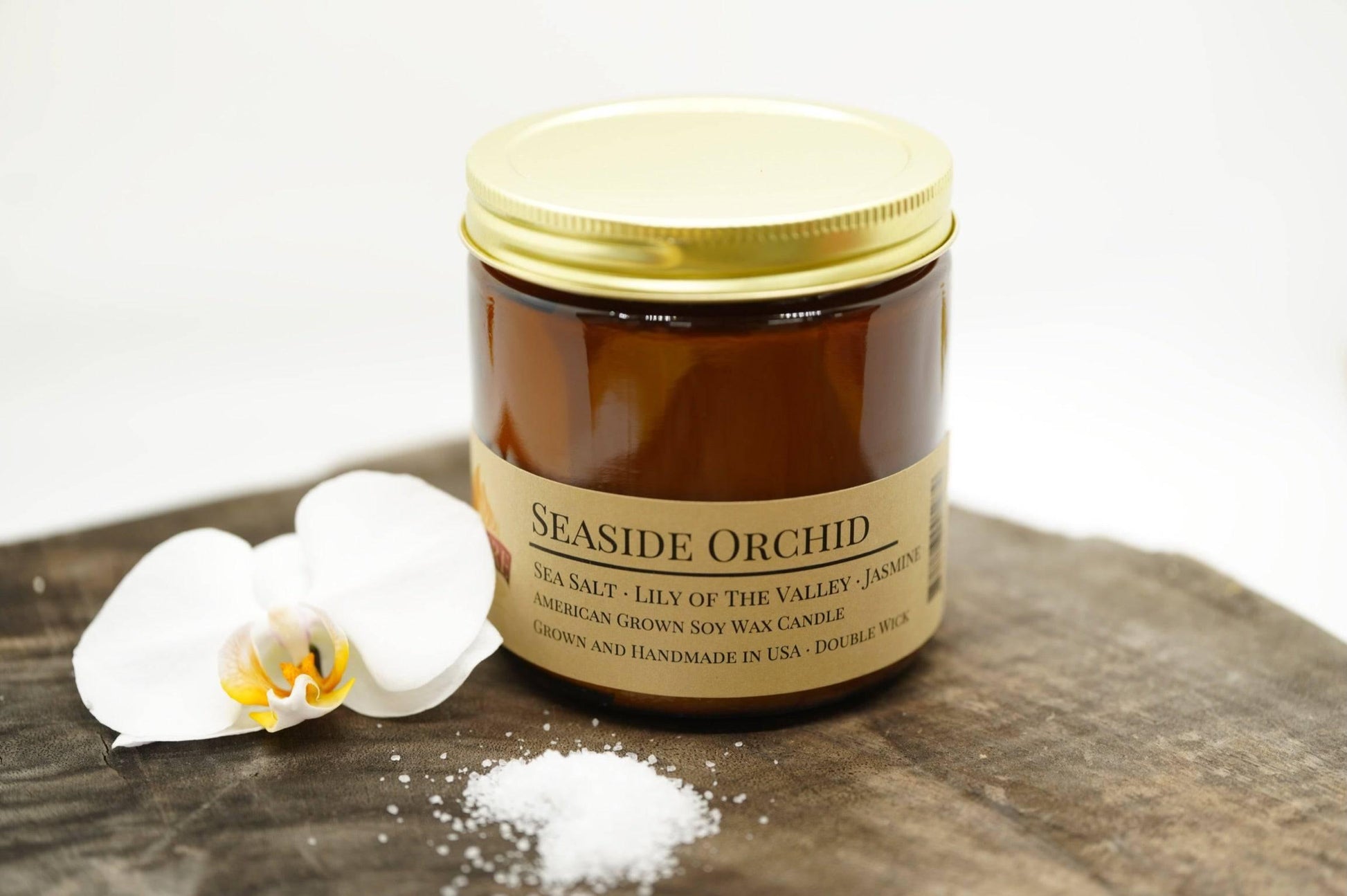 Seaside Orchid Soy Wax Candle | 16 oz Double Wick Amber Apothecary Jar - Prairie Fire Candles