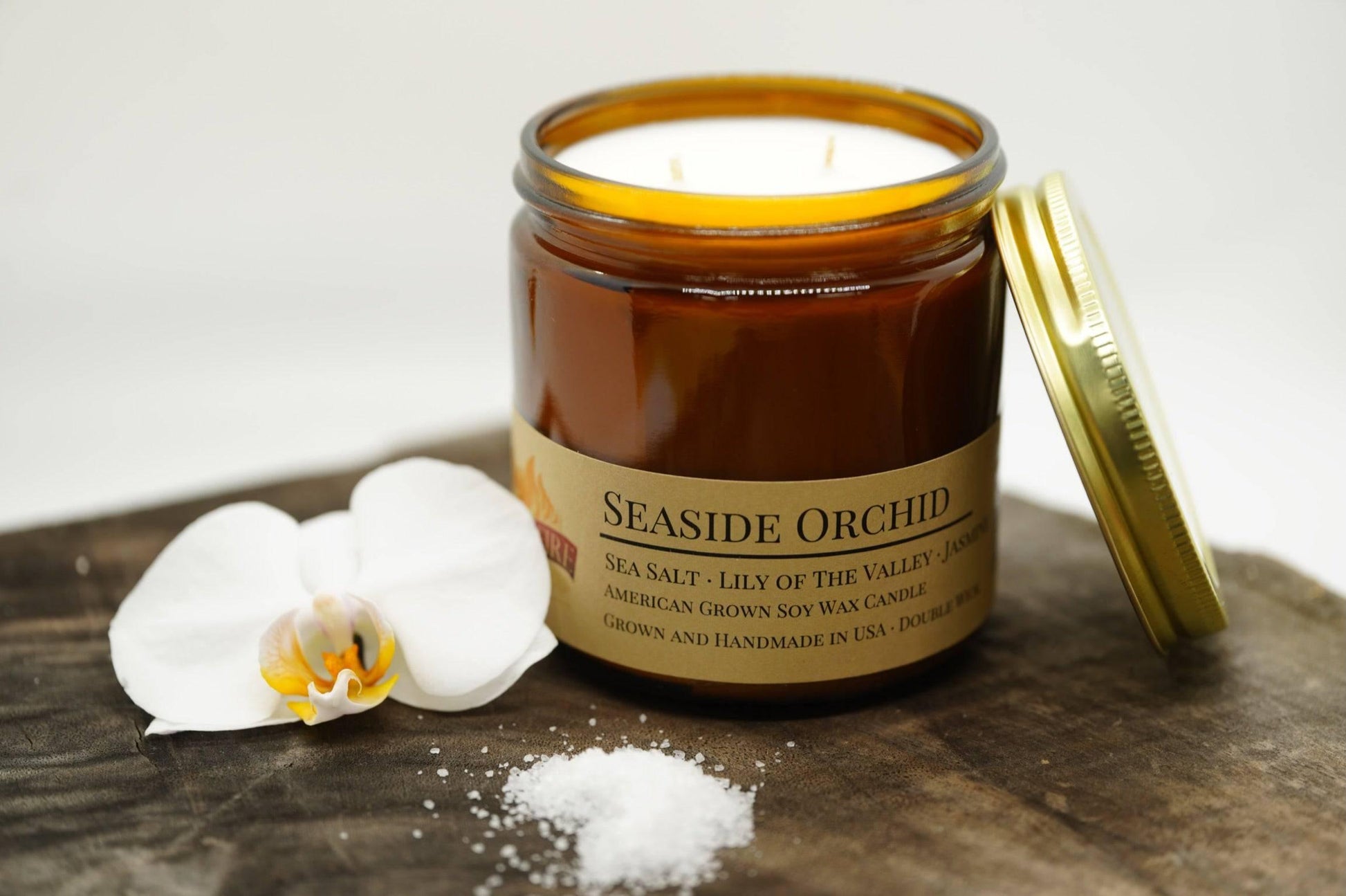 Seaside Orchid Soy Wax Candle | 16 oz Double Wick Amber Apothecary Jar - Prairie Fire Candles