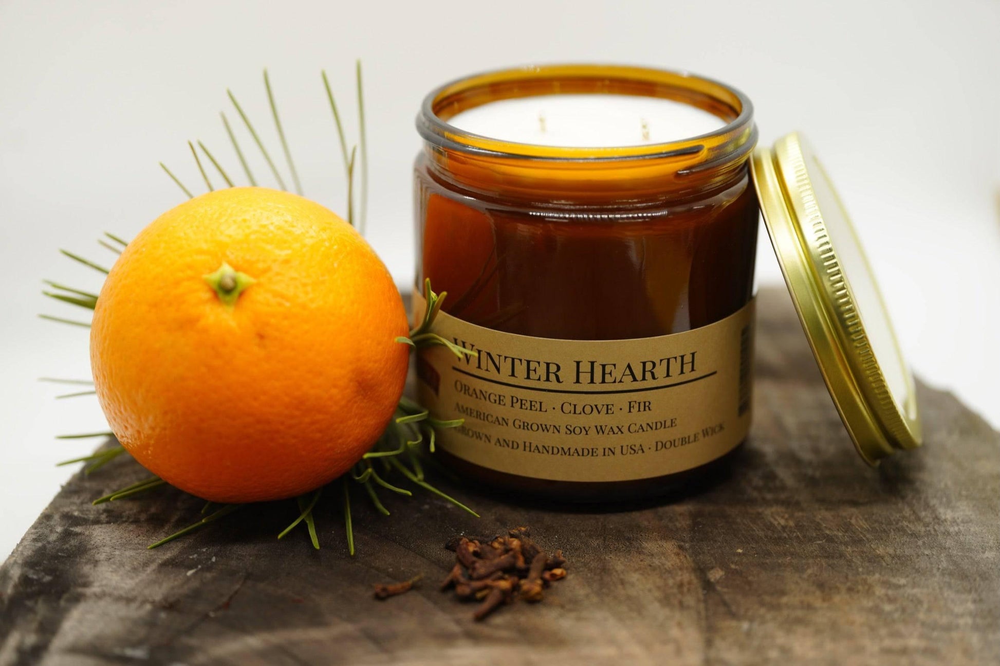 Winter Hearth Soy Wax Candle | 16 oz Double Wick Amber Apothecary Jar - Prairie Fire Candles